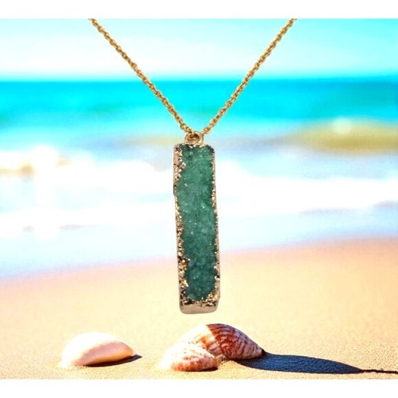 Seafoam Green Grystal Druzy Bar Pendant Necklace 17" Gold Tone Cable Chain - Picture 1 of 5